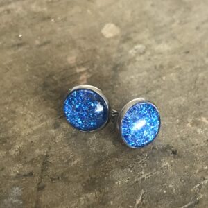10mm Blue Sparkle Glass Dome Earrings